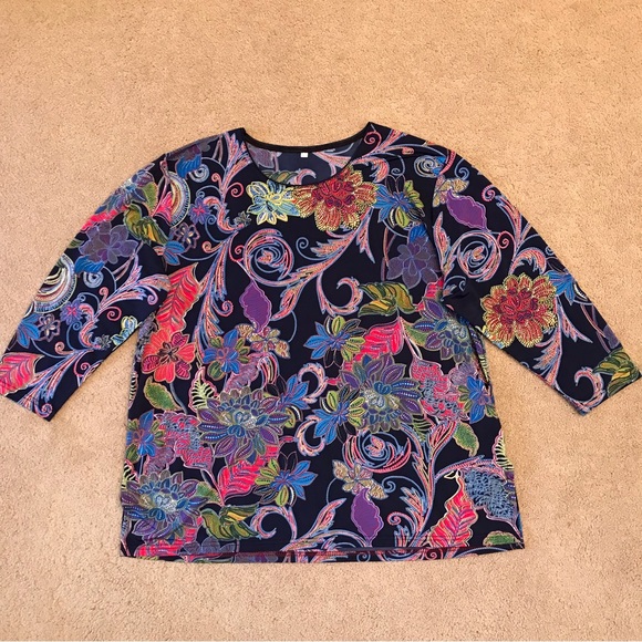Floral Stretch Top Womens Plus Size XXL 2XL Navy Pink Green Blue Purple - Picture 1 of 6